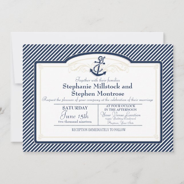 Invitation Bateau Ancre nautique Diagonal Stripes Swirl Moder (Devant)