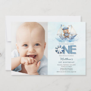 Invitation Bateau bleu marine Teddy Bear 1er Anniversaire Pho