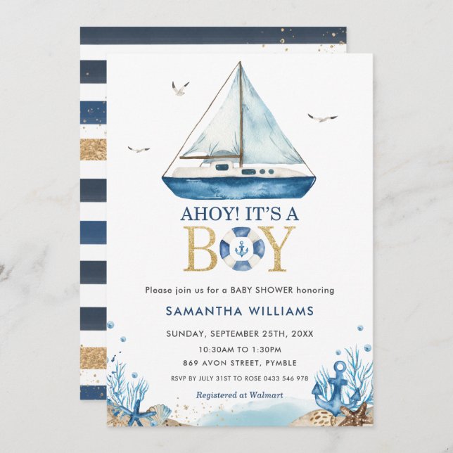 Invitation Bateau bleu nautique Ahoy C'est un Baby shower gar (Devant / Derrière)