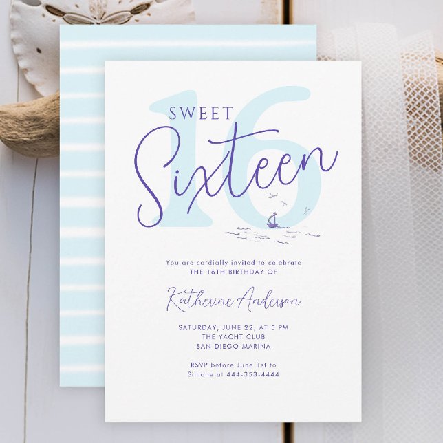 Invitation Bateau Côtier Nautique Océan Moderne Stripe Sweet  (sweet sixteen invitation her coastal nautical boat yacht beach waterfront ocean marina stripes)