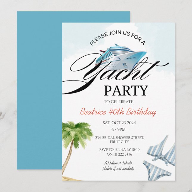 Invitation Bateau de Croisière Yacht Party (Devant / Derrière)