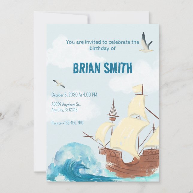 Invitation Bateau des vagues bleues virevoltant anniversaire (Devant)