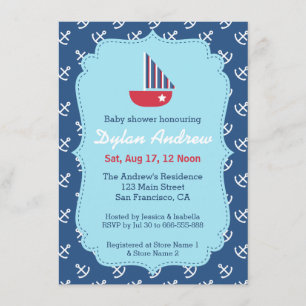 Invitation Bateau élégant Ancre marine bleue shower de bébé