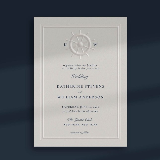 Invitation Bateau Helm Faux Embossé Mariage classique moderne (nautical beach yacht coastal ocean wedding invitation faux embossed boat helm pearl modern classic)