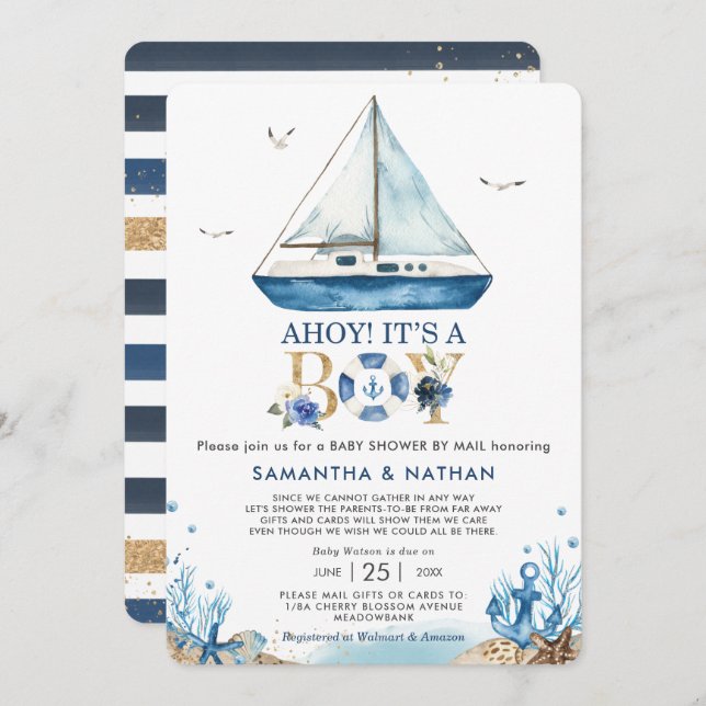 Invitation Bateau nautique Ahoy C'est un Baby shower garçon p (Devant / Derrière)