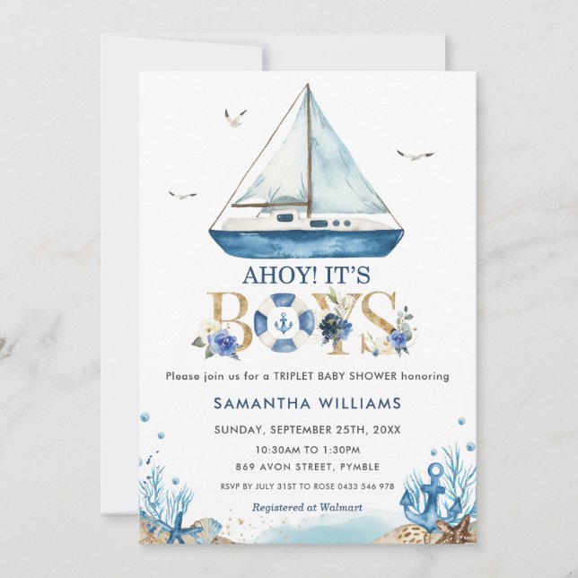 Invitation Bateau nautique Ahoy It's Boys Triplet Baby shower (Devant)