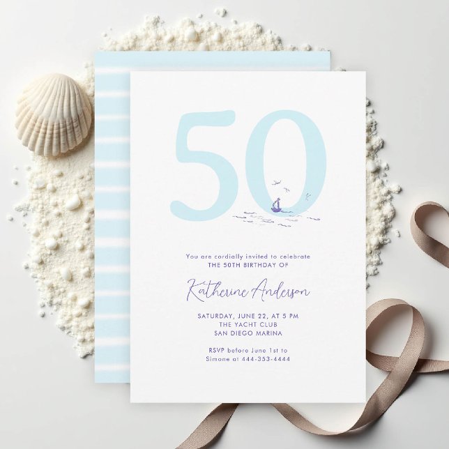Invitation Bateau nautique côtier Océan Élégant 50e anniversa (50TH birthday invitation her coastal nautical boat yacht beach waterfront ocean marina stripes)