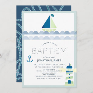 Invitation Bateau nautique et phare Blue Boy Baptême