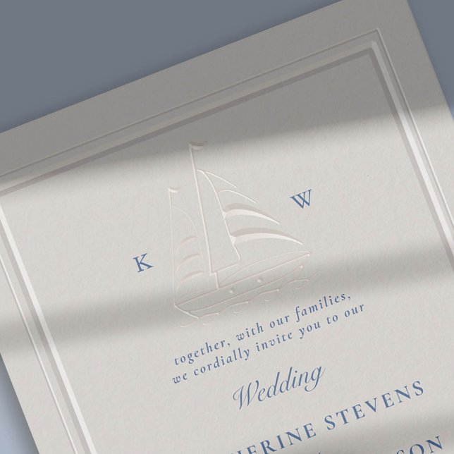 Invitation Bateau nautique Faux Embossés Mariage classique mo (nautical beach boat yacht coastal ocean wedding invitation faux embossed frame ecru navy detail)
