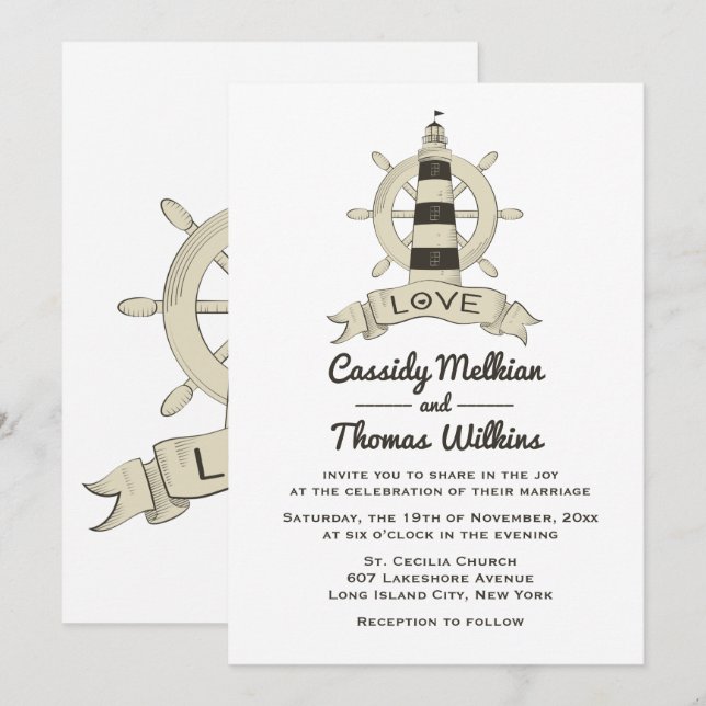 Invitation Bateau nautique phare de roue Mariage Tan (Devant / Derrière)