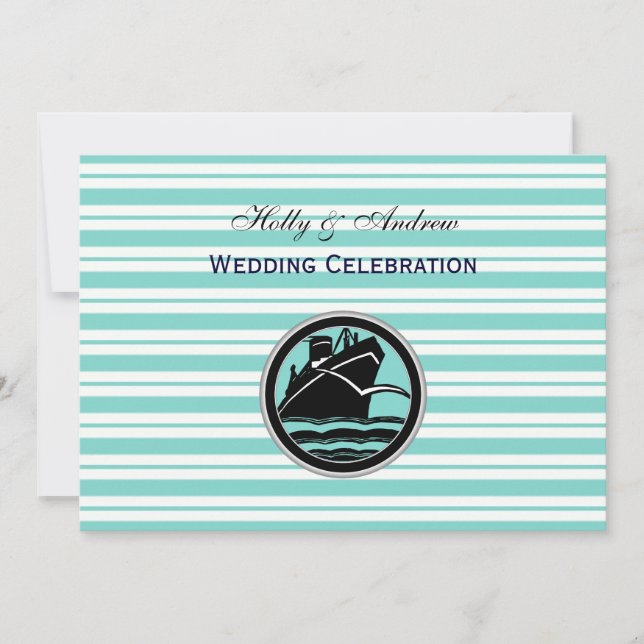 Invitation Bateau nautique rayé bleu clair et blanc H mariage (Devant)