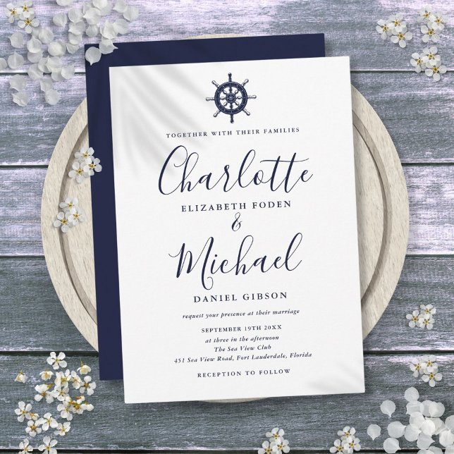 Invitation Bateau nautique Roue Marine Mariage de script bleu (Nautical Ship Wheel Navy Blue Script Wedding Invitation)