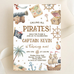 Invitation Bateau Pirate Aquarelle Garçon Premier Anniversair