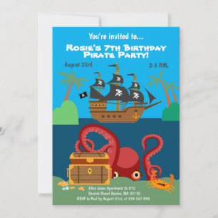 Invitation Bateau pirate et monstre de mer fête d'anniversair