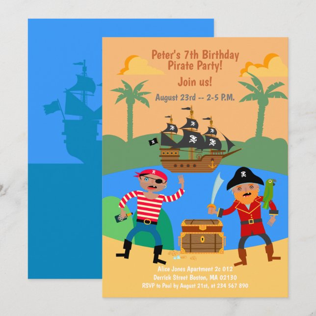 Invitation Bateau pirate et trésor fête d'anniversaire (Devant / Derrière)