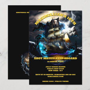 Invitation Bateau pirate Jolly roger drapeau de nuit tempête