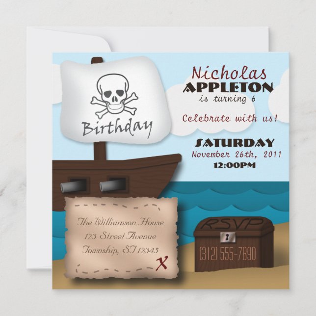 Invitation Bateau pirate trésor coffre Anniversaire Invitatio (Devant)