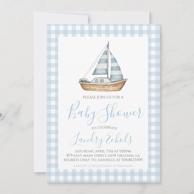 Invitation Bateau Preppy Voilier Baby shower Nautical Blue Bo (Devant)