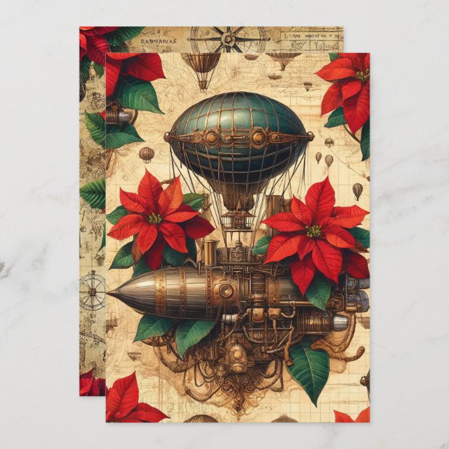 Invitation Bateau Steampunk imprimable avec Poinsettia (Devant / Derrière)