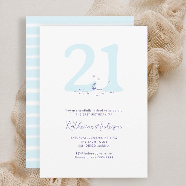 Invitation Bateaux côtiers nautiques Oiseaux modernes 21e ann (21st birthday invitation coastal nautical boat birds yacht beach waterfront ocean marina modern)