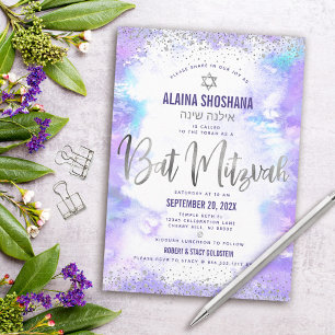 Invitation Bath Mitzvah aquarelle violet écriture au foil arg