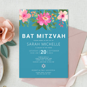 Invitation Bath Mitzvah bleu aquarelle florale moderne simple