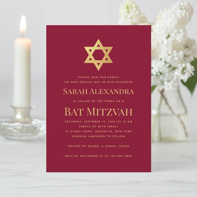 Invitation Bath Mitzvah Étoile de David Simple Rouge Bourgogn (Créateur téléchargé)