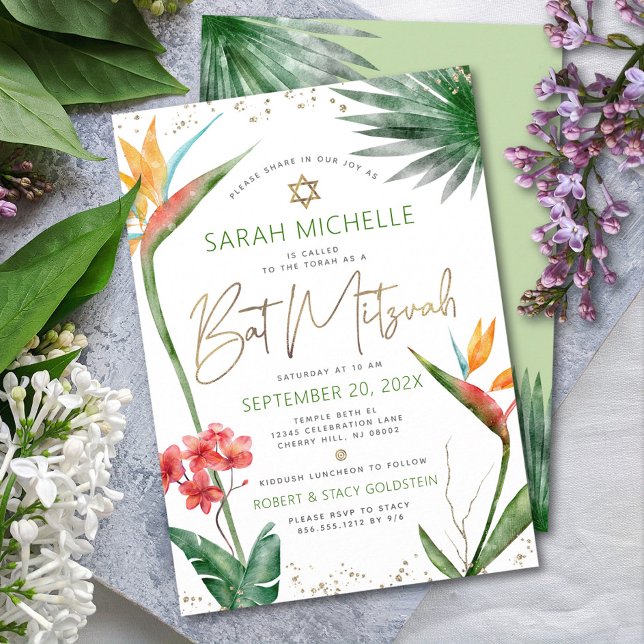 Invitation Batik de Mitzvah Fleurs Tropicales Aquarelle Écrit (Créateur téléchargé)