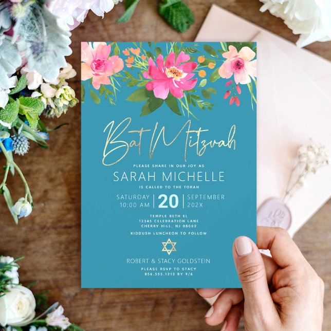 Invitation Batik Mitzvah Bleu Aquarelle Florale Or Script (Créateur téléchargé)