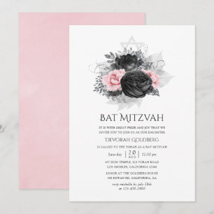 Invitation Batikha de Bar Mitzvah Roses Vintage Noir Rose et 