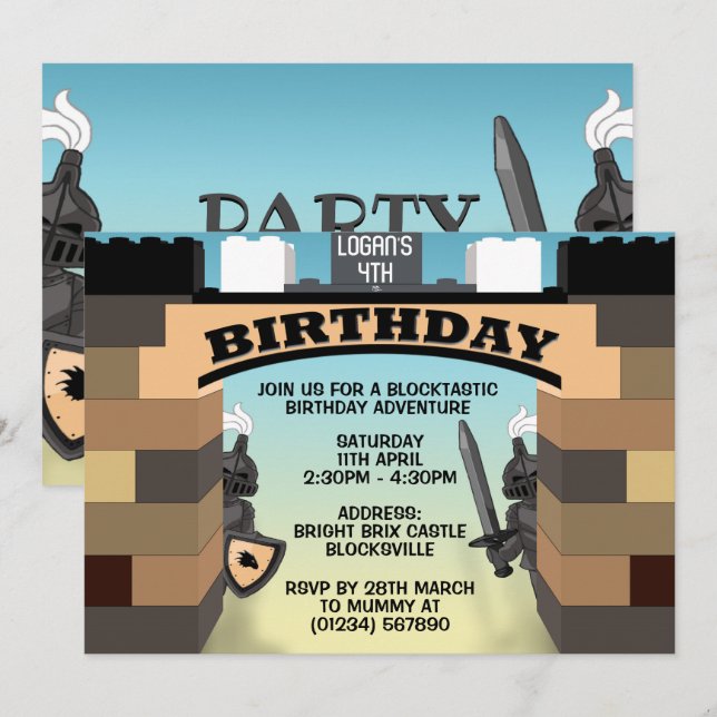 Invitation Bâtiment Brown Blocs Château Anniversaire Invitati (Devant / Derrière)