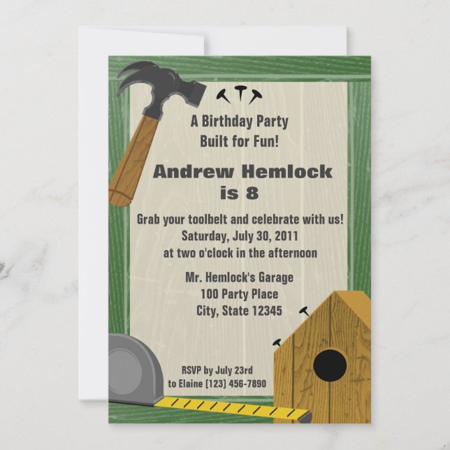 Invitation Bâtiment d'artisanat de bois amusant Anniversaire (Devant)