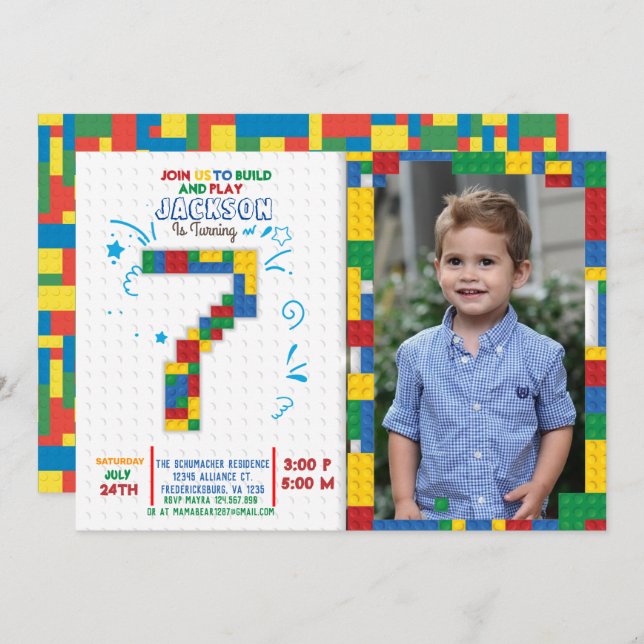 Invitation Bâtiments Blocs Anniversaire Briques 7 ans Invitat (Devant / Derrière)