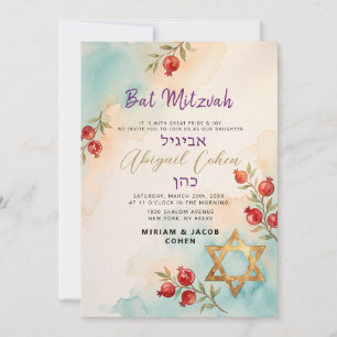 Invitation Batmitsva moderne Aquarelle Étoile de david en or