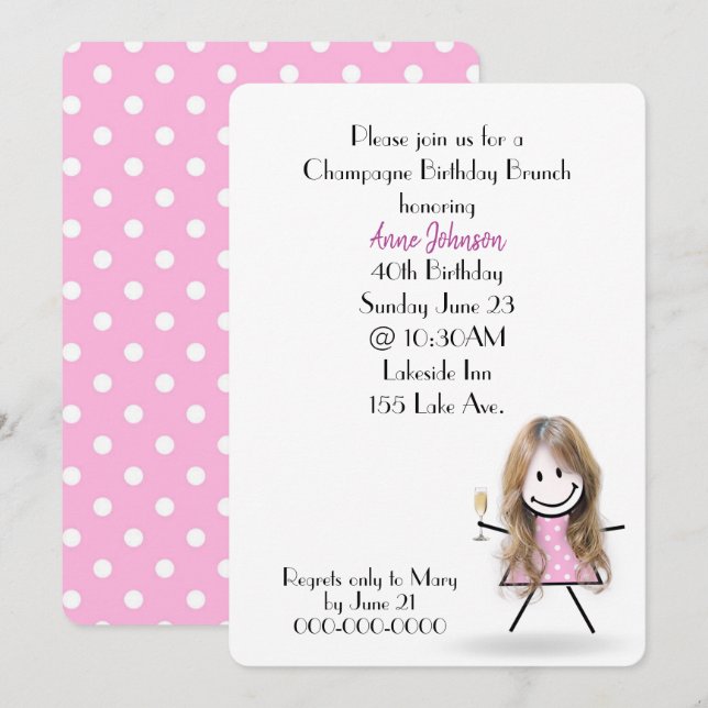 Invitation Bâtonnet Fille Champagne pour Brunch Anniversaire  (Devant / Derrière)