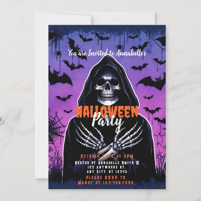 Invitation Bats de faucheuse Grim Sky Halloween Party (Devant)