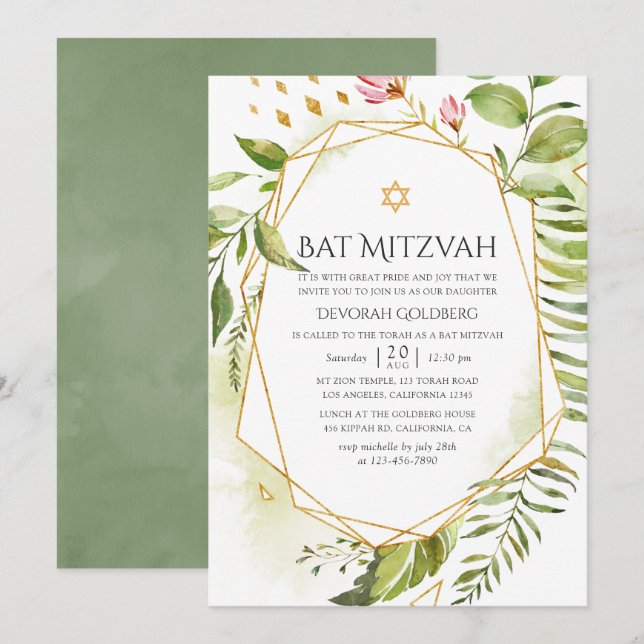 Invitation Bats de Mitsva de verdure cristalline géométrique (Devant / Derrière)