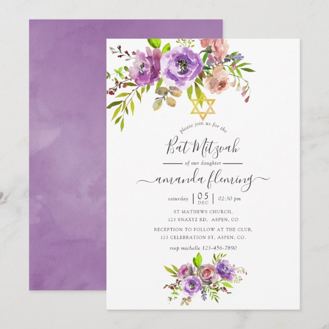 Invitation Bats de Mizvah Floral à l'aquarelle de printemps (Devant / Derrière)