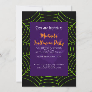 Invitation Bats en toile d'araignée noire violet Halloween