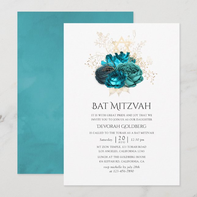 Invitation Bats Mitsva Floral Turquoise et Or (Devant / Derrière)