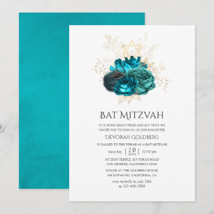 Invitation Bats Mitsva Floral Turquoise et Or