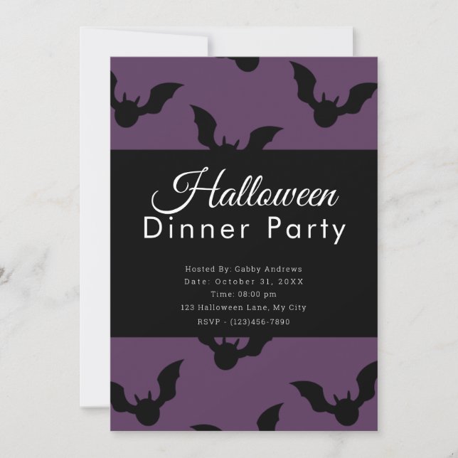 Invitation Bats violets et noirs Dîner d'Halloween (Devant)