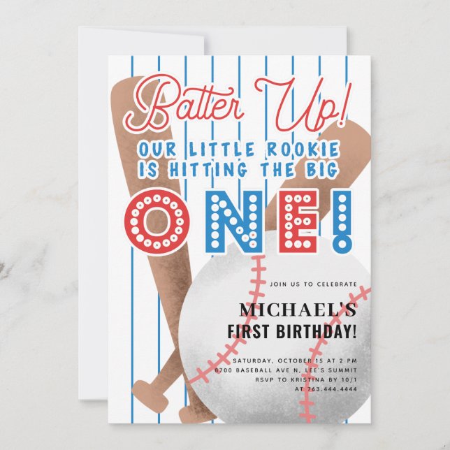 Invitation Batte Up Little Rookie Baseball 1er anniversaire (Devant)