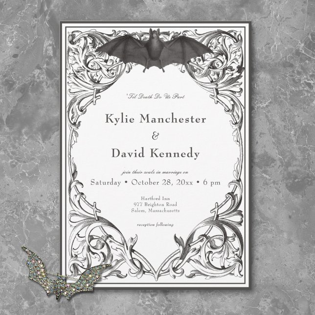 Invitation Batte victorienne jusqu'à la mort Mariage noir et  (Victorian Bat Until Death Black & White Wedding Invitation)