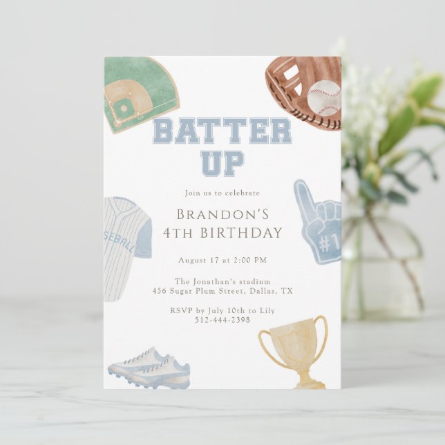 Invitation Batter up Preppy Blue Baseball Bow 4e Anniversaire (Debout devant)