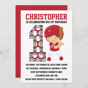 Invitation Batteur de baseball Red White 1er Anniversaire