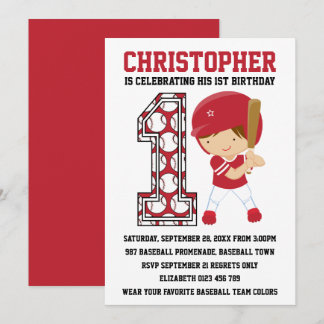 Invitation Batteur de baseball Red White 1er Anniversaire