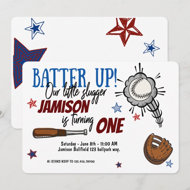 Invitation BATTRE UP|Baseball|Little Slugger|Anniversaire (Devant / Derrière)