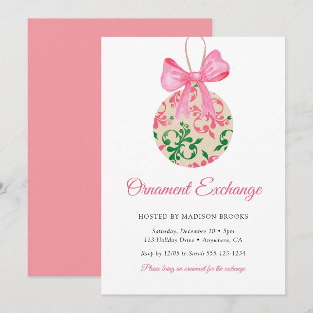 Invitation Bauble Ornement à Ruban Rose pour une Soirée d'Éch (Devant / Derrière)