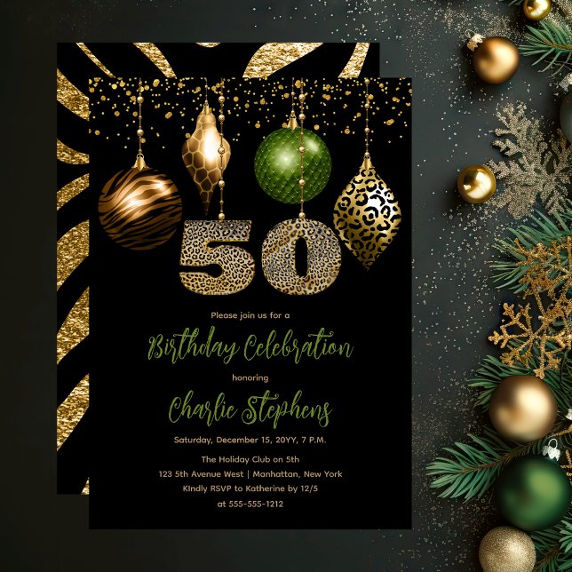 Invitation Baubles de la peau d'animal tropicale 50ème annive (Glamorous Tropical Animal Print Baubles 50th Birthday Party Invitation in Black, Gold & Olive Green)